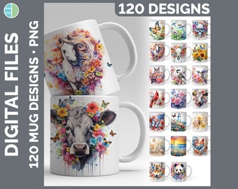 120 Involucri per tazze ad acquerello PNG Bestseller Disegni di sublimazione Mega Bundle / Set di stili 1 di 3 / Tazza di caffè girasole ENORME Download del pacchetto