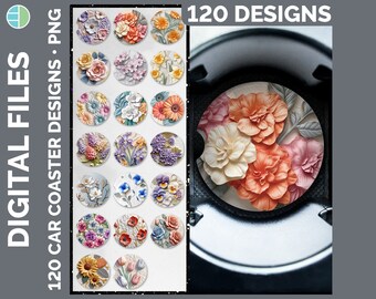 3D Flowers Car Coaster Bundle Sublimation Designs | Style Set 2 of 3 | 3D Floral Coaster PNG Download