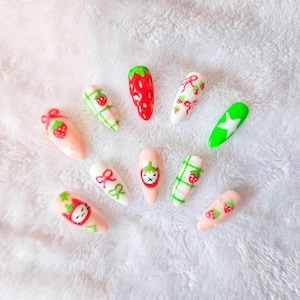 Strawberry cat nails press on nails | cute plaid nails | bow nails