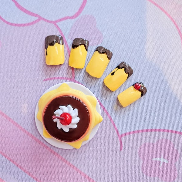 Cute pudding Press On Nails | Nail Set With Purin Design | japanese pudding square nails | Adorable 3D Raised Art |