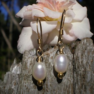 Genuine white freshwater pearl and gold earrings