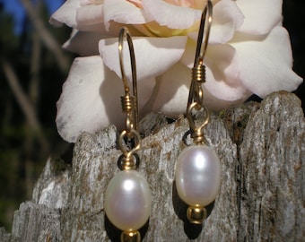 Genuine white freshwater pearl and gold earrings