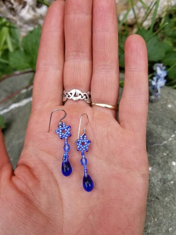 Boucles D'oreilles Perles Imitation Bleues - Anneaux Et étoile, Style Ethnique - Neuf Sans Emballage, Couleur Argenté