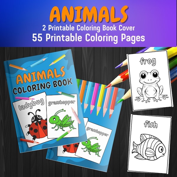 55 Easy Animals Coloring Pages For Kids, Child Painting Book, Preschoolers Coloring Book Simple Homeschool Printable, Toddlers, Kindergarten