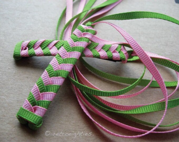 Green and Light Pink Braided Ribbon Barrettes With Grosgrain Etsy