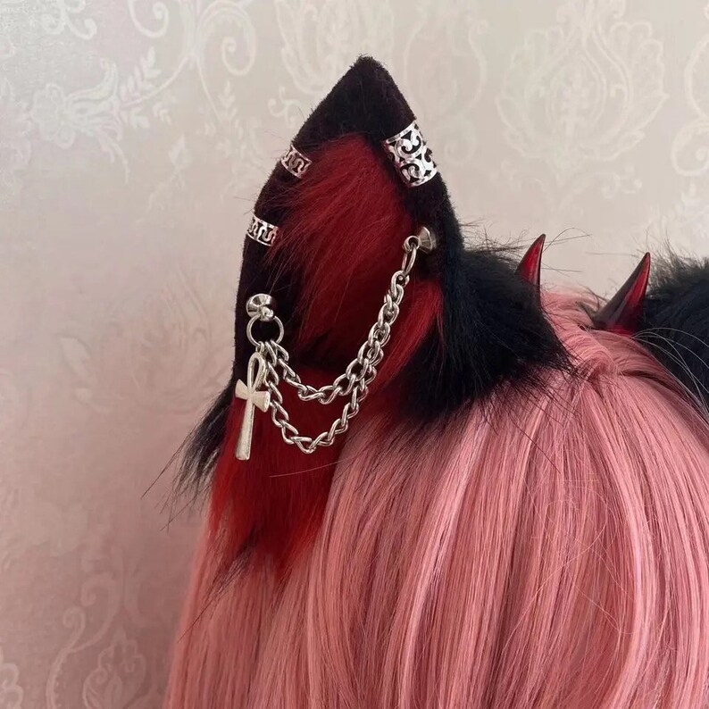 Red and black cat ears, Cat ears, cosplay,Pet Play, Alastor cosplay, kitten ears, realistic cat ear,animal ears, wolf ears, Diluc image 1