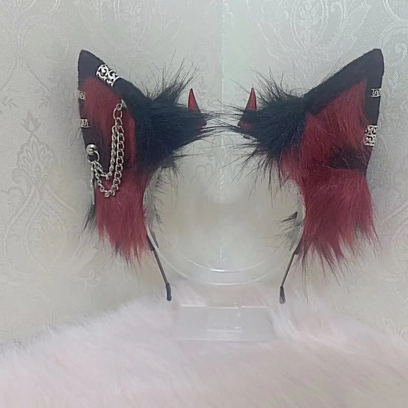 Red and black cat ears, Cat ears, cosplay,Pet Play, Alastor cosplay, kitten ears, realistic cat ear,animal ears, wolf ears, Diluc image 2