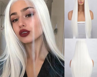 wig Long Straight White Cosplay Wigs Synthetic Wigs for Women Blonde Grey Pink Black Color for Daily Party Lolita | Lace front Synthetic wig