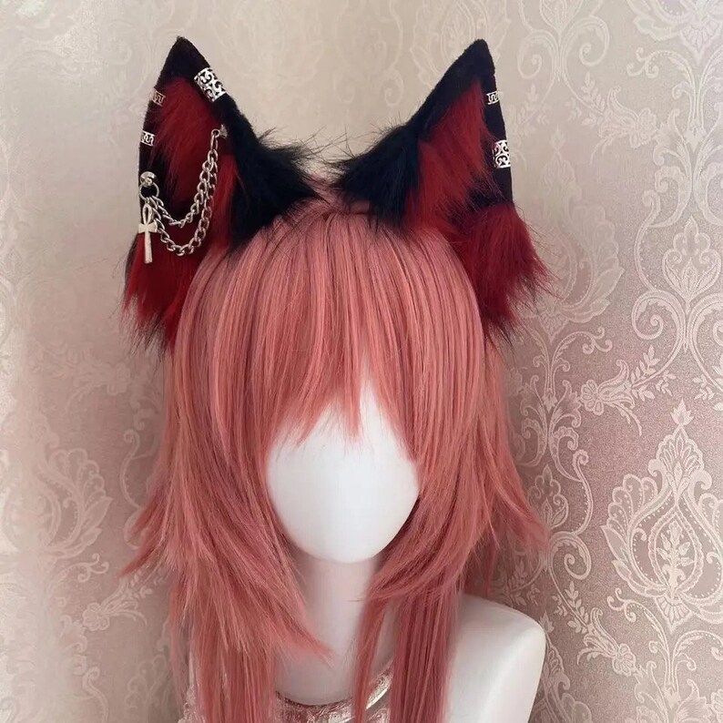 Red and black cat ears, Cat ears, cosplay,Pet Play, Alastor cosplay, kitten ears, realistic cat ear,animal ears, wolf ears, Diluc image 3