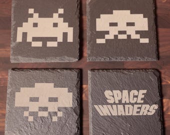 Space Invaders Slate Coasters — Laser Engraved Retro Game Gift, Set of 4 | Gamer Decor