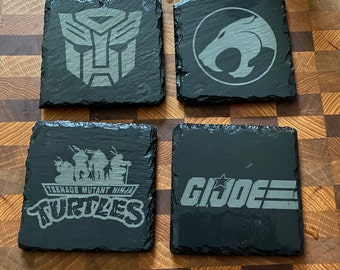 Slate Coasters 80's cartoons, Gift, Housewarming, Gift for Him, Gift for her, Man Cave, Wedding Gift