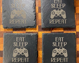Engraved Slate Gamer Coasters: Eat Sleep Game Repeat, Set of 4