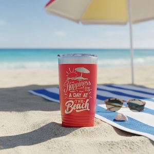 Happiness is a day at the beach - Engraved Stainless Steel Tumbler, Beach Mug Gift, Vacation Tumbler, I Love The Beach