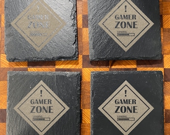 Gamer Zone Slate Coasters: Engraved Gaming Decor, Set of 4