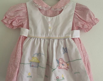 Vintage Floral Baby Dress with Farm Motif Embroidered Apron