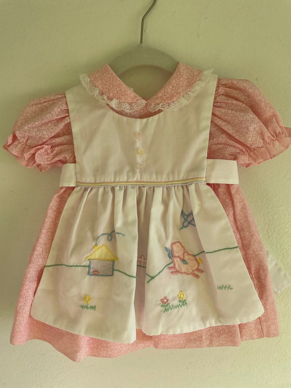 Vintage Floral Baby Dress with Farm Motif Embroide