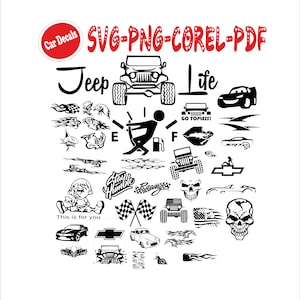 May include: A collection of black car decal designs on a white background. The decals include various car graphics, phrases like "Jeep Life", "Stay Humble", and "Go Topless!", and other illustrations. The text "Car Decals" is in a red circle.