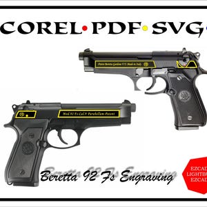May include: Black Beretta 92 Fs pistol with gold lettering. The text on the gun reads "Pro Beretta Gardone V.T. Made in Italy" and "Mod. 92 Fs-Cal.9 Parabellum-Patent".