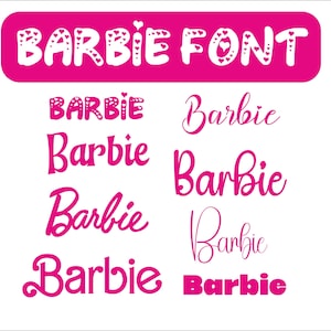May include: A graphic featuring the text "BARBIE FONT" in a pink rounded rectangle. Below, various pink "Barbie" text styles are displayed, showcasing different font options for design projects.