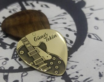 Personalized Named Metal Pick Yellow Brass Laser Engraving