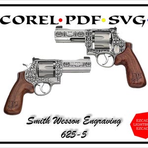 Puede incluir: Un revólver Smith & Wesson 625-5 con intrincados diseños grabados en el metal. El arma tiene una empuñadura de madera con las iniciales "JMI" grabadas en ella. La imagen también incluye el texto "COREL PDF SVG" y "EZCAD 2 LIGHTBURN EZCAD 3".
