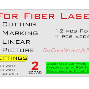 Könnte beinhalten: Graue Grafik mit rotem Text, der Einstellungen für einen Faserlaser anzeigt, einschließlich Schneiden, Markieren und Bildoptionen. Enthält Watt-Optionen und EZCAD-Informationen. Der Text "Do Good Work With Ezcad" ist ebenfalls vorhanden.