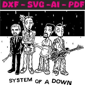 May include: Black and white illustration of a rock band, System of a Down, with four members. The band members are drawn in a cartoon style and are playing musical instruments. The band is performing in front of a black background with white raindrops.