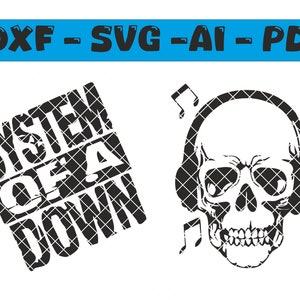 Op de afbeelding: Zwart-wit grafisch ontwerp met een schedel die een koptelefoon draagt met muzieknoten. De tekst "SYSTEM OF A DOWN" is ook in het ontwerp opgenomen.