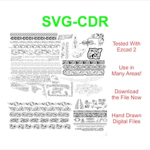Op de afbeelding: Een verzameling zwart-wit digitale ontwerpbestanden, waaronder randen, hoeken en bloemelementen. De tekst "SVG-CDR" staat in het groen bovenaan. Extra tekst omvat "Tested With Ezcad 2", "Use in Many Areas!", "Download the File Now" en "Hand Drawn Digital Files."