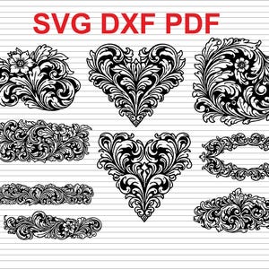Könnte beinhalten: Schwarz-weiße florale und Scroll-Designelemente in verschiedenen Formen. Enthält Herz-, ovale und rechteckige Rahmen sowie dekorative Blumenarrangements. Der Text "SVG DXF PDF" befindet sich oben.