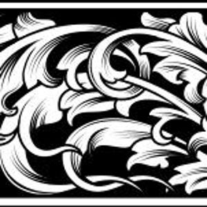 May include: A black and white decorative border with a repeating floral scroll design. The detailed pattern includes stylized leaves and swirling elements, creating a classic, ornate look. The border is framed with a thin white line.