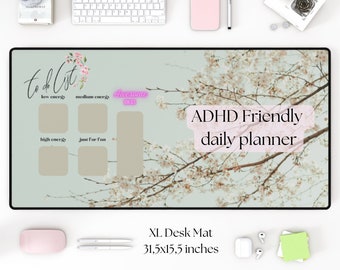 XL Desk Mat ADHD friendly daily planner, floral design deskmat, desk organizer adhd planner, no pressure planning based on energy level