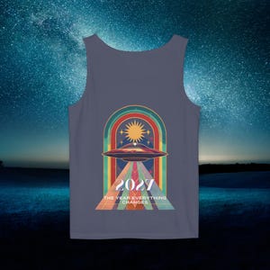 2027 The Year EveryThing Changes - Large Back Print Bashar Quote Cotton Top | Rainbow Arch Sci-Fi Retro Design