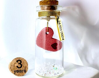 3rd Leather Wedding Anniversary Personalised Gift, Symbolic Leather Miniature Present, Message in a mini Bottle