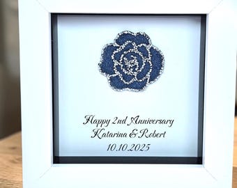 2nd Cotton Wedding Anniversary Frame Gift, Handmade Custom Any Language, Framed Denim Flower/Heart