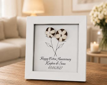 2nd Cotton Anniversary Frame Gift for Him Her, Handmade Custom Any Language, Wife Husband