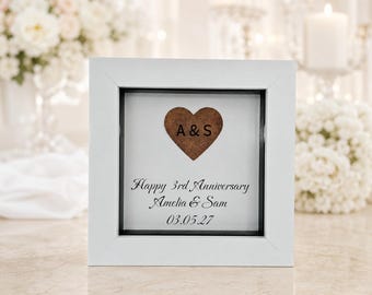 3rd Leather Anniversary Gift for Him Her, Personalised Handmade Symbolic Frame for Couple