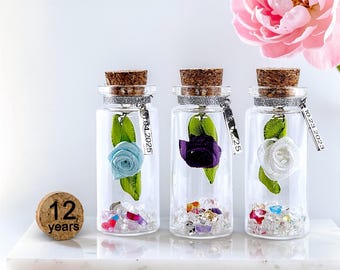 12th Silk Wedding Anniversary Flower in Miniature Bottle Gift, Personalised Keepsake, Card Alternsative HandMade