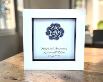 Marco de regalo para el segundo aniversario de bodas de algodón, hecho a mano y personalizado en cualquier idioma, con marco de flores/corazones de mezclilla.