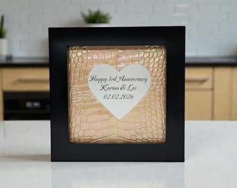 3rd Leather Anniversary Gift for Him Her, Personalised Handmade Symbolic Frame for Couple