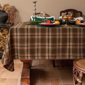 Chrsitmas Brown Plaid  Tablecloth,Green and Brown  Dining Tables and Coffee Tables | Festive Holiday Tablecover High-End Scottish Decor