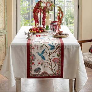 Linen Elegent Table Runner,BlueBird Pattern TableRunner,French Retro Tablerunner |Dining Table runner|Custom Table Runner with Tassel