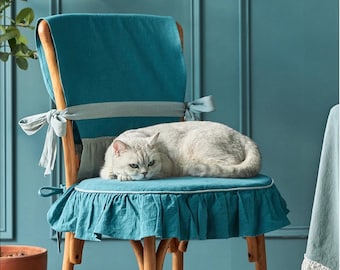 Solid Blue Chair Pads with French Ruffled Skirt,Chair Back Slipcovers Rustic Linen Chair Seat Cover with four Side Flounce