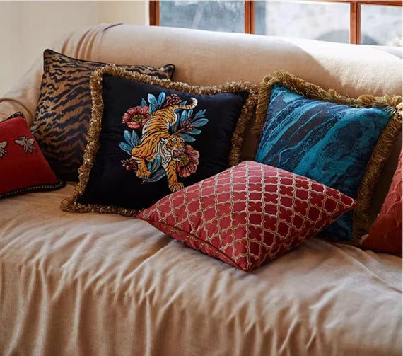Velvet Throw Pillows With Fringe Embroidery Tiger Velvet Throw