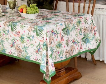 Tropical Jungle Tablecloth,Exotic Animal Print Table Cover, Safari  Dining Room Decor,Leopard Table Linens,Colorful Botanical Tablecloth
