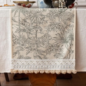 Animal Kingdom Table Runner,Jacquard Chenille Table Runner with Jungle Tiger Parrot Design – Vintage Boho Home Decor|Jungle Wild Table Decor