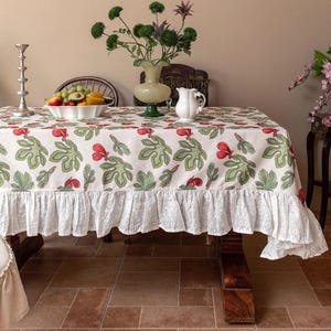 Linen Tablecloth with Lace Ruffled Dining Table Cover Floral Fig Pattern Tablecloth,Spring Tablecloth,French Garden Tablecloth