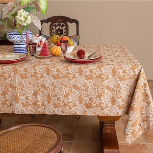 Oranje katoenen tafelkleed| Elegante blokbedrukt tafelkleed voor eettafel | Aangepast herfsttafelkleed, Thanksgiving-tafelopstelling