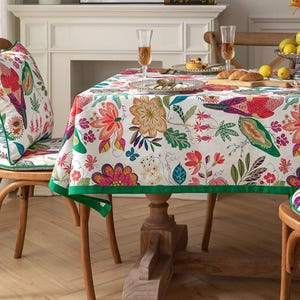 Retro Floral and Bird Tablecloth, Hand-drawn Cotton Tablecloth, French Garden Tablecloth Customizable，Wedding Tablecloth, Round Tablecloth