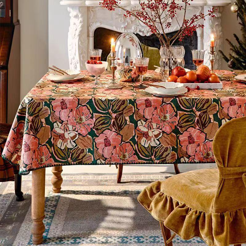 Pink Brown Tabelcover|floral Chenille Tablecloth |retro Tablecover ...